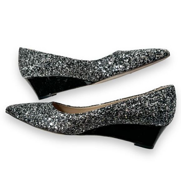 Viajiyu Trento Pointed Toe Pewter Silver Glitter Patent Black Wedge Size 37/6.5 - Picture 5 of 7